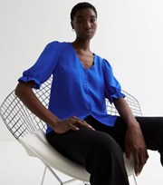 New Look Bright Blue Frill Sleeve Button Front Blouse